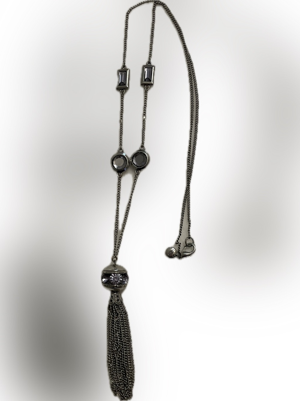 Gunmetal Tassel Crystal Station Necklace - Gray Crystals